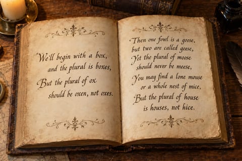 An old leather-bound book lying open on a wooden desk beside a candle, an inkwell and a quill, with the opening verses of the plurals poem handwritten across its two pages