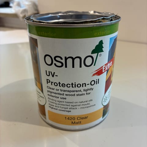 A 750ml tin of Osmo UV-Protection-Oil Extra 1420 Clear Matt with the lid off
