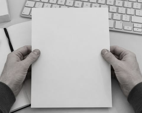 Two hands holding a blank sheet of paper over a keyboard and an open notebook